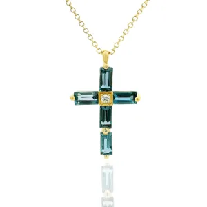 Metrongold χρυσός σταυρός με διαμάντι και London Blue Topaz
