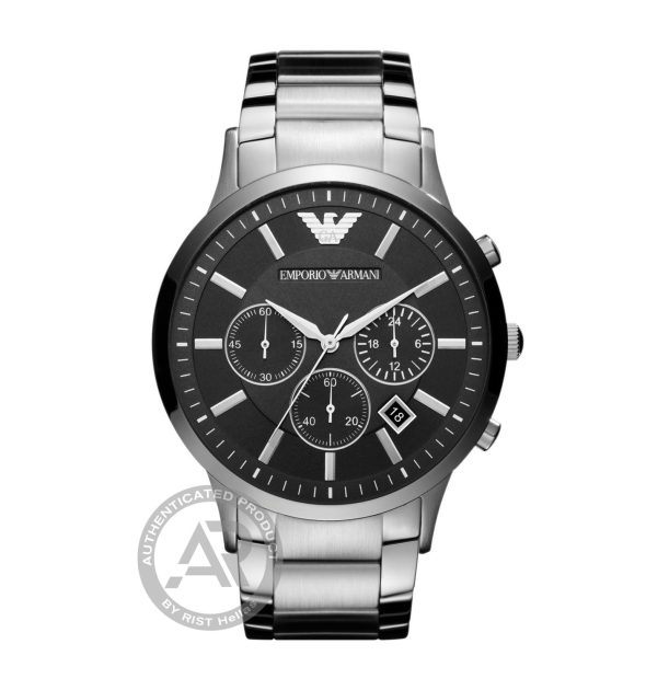 Ανδρικό ρολόι Emporio Armani με ασημί μπρασελέ και μαύρο καντράν.