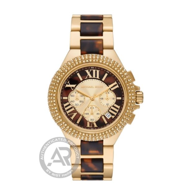 Γυναικείο ρολόι Michael Kors με χρυσό μπρασελέ, καφέ καντράν και λαμπερές λεπτομέρειες.