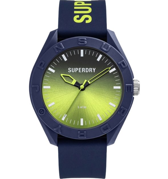 Ανδρικό ρολόι Superdry με μπλε λουράκι και καντράν με πράσινες λεπτομέρειες.