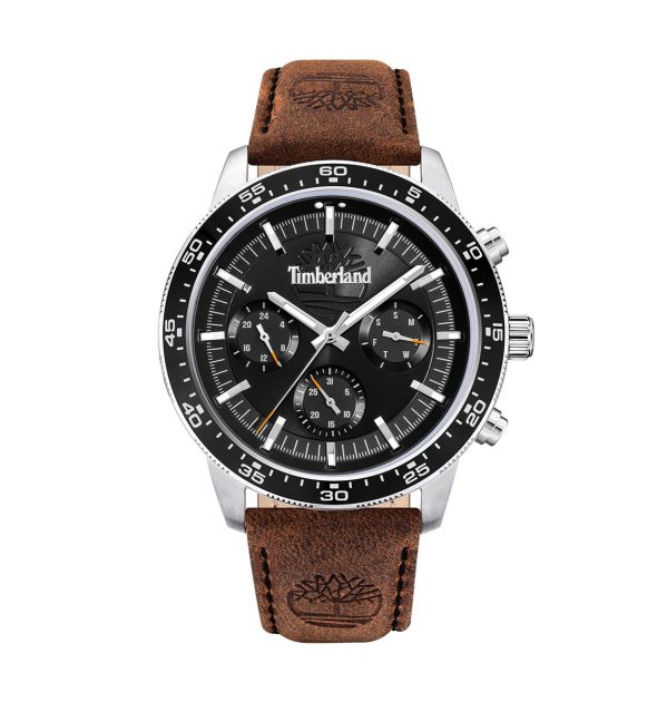 Ανδρικό ρολόι Timberland με καφέ δερμάτινο λουράκι και μαύρο καντράν με χρονογράφο.